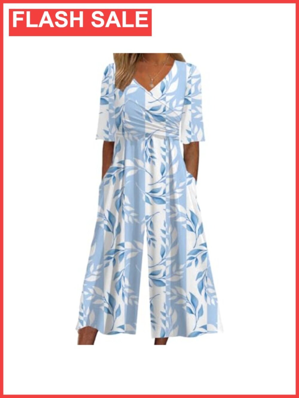 Boho Floral Print V Neck Short Sleeve Wide Leg Jumpsuit with Pockets